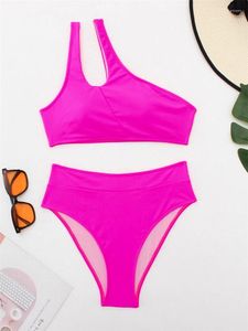 Mulheres femininas Biquíni Mulheres Ministras 2024 Solid One ombro Sling Bikinis Set Sexy High Cistock Two Peia Banho de maiô feminino feminino