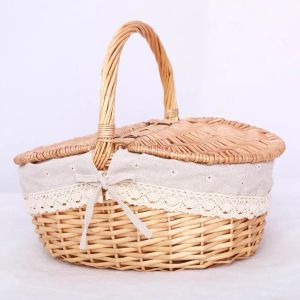 Handgjorda korgkorgar med handtag picknickmatkorg med locket handvävt multifunktionsrattfack