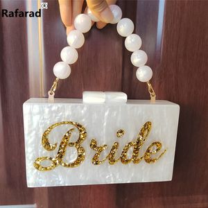 Pearl White Name Letter Silver Gold Glitter Bride Wedding Party Evening Acrylic Pvc Box Clutches Lady Bead Handle Wallet Bags