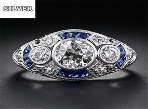 925 ANILLOS SREBRNY RETRO Trybunał Pełny sześcien cyrkonia Pierścień dla kobiet Eleganckie niebieskie kryształowe pierścienie bankiet Sapphire Jewelry 6735564