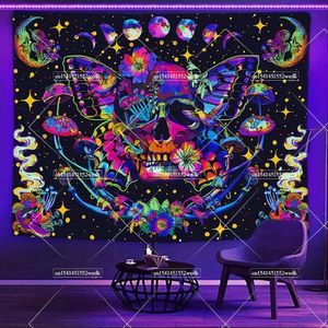 Cogumelo Butterfly Blacklight Tapestry UV Hippie Starry Night Skull Parede pendurado Black Light Tapestrys brilho nos cobertores escuros