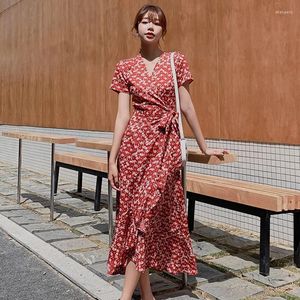 Party Dresses 2024 Vintage Red Boho Print Chiffon V-Neck Maxi Sundress Summer Casual Runway Midi Elegant Women Bodycon Vestidos