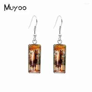 Dangle Earrings 2024 Arrival Horse Art Picture Painting Animals Rectangle Glass Cabochon Handmade Jewelry Fish Hook