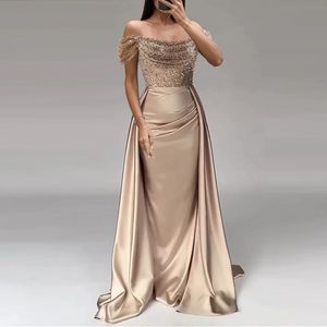 2024 Champagne Prom Dresses Off Shoulder Sequined Lace Appliques Beads Mermaid Long Overskirts Party Evening Gowns Plus Size Special Ocn Dress