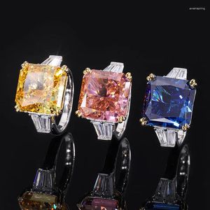 Cluster Rings 925 Sterling Silver Women's 14 14mm Sapphire Yellow and Pink Synthetic Gemstone Wedding Bands Fina smycken