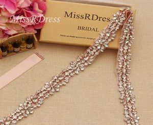 Missrdress Thin Rose Gold Bridal Belt Sash med Crystal Jeweled Ribbons Rhinestones Bälte och skärmar för bröllopsklänningar YS8571090688