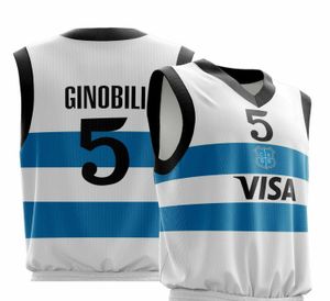 Ginobili #4 Scola #5 Ginobili Vintage Manou Argentina Navy Shirt Basketball Jersey kan anpassas med valfritt namn och nummer