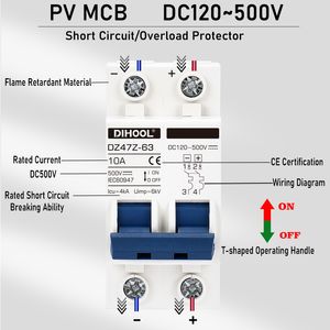 DC Circuit Breaker 500V 16A 32A 63A 80A 125A Inverter/UPS/Batteri/Solar DC MCB Överbelastning/Short Circuit Protector (Europa Stock)