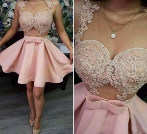 Pink Homecoming Dresses Sheer Neck Lace Appliques Short Prom Dress Sexy See Through Cocktail Party Dress Cheap Gowns9691255