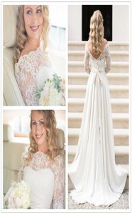 A Line Wedding Dress Real 2021 Lace Bohemian Wedding Gowns Vintage Off The Shoulder Low Back Covered Buttons 34 Long Sleeves5520537