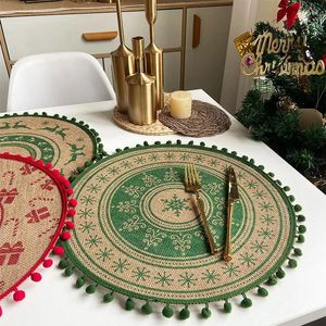 Table Mats Christmas Round Jute Woven Placemat Retro Snowflake Dining Mat With Wool Ball Home Decorations Geometric Coffee Cup