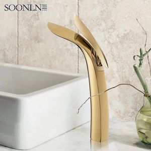 Waschbecken Wasserhähnen Luxus Gold Wasserhahn Goldener Beckenmischer Tippen Sie auf modernes Messing ein Lochgriff Bad hochwertiges Kupfer