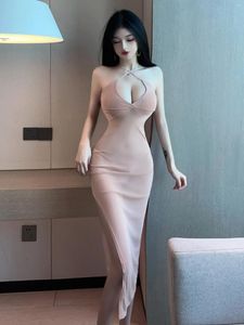 Casual Dresses Sheer Fashion Robe Women Thin Mesh Sexiga toppar High Split Sling Dress Elegant Transparent Korean S552