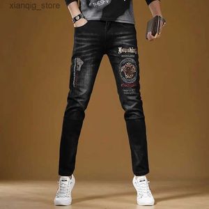 Jeans maschile maschili di alta qualità tratto nero denim pantsclassic ricamo decors jeansslim-fit versione corea jeansstreet jeans;L49