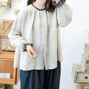 Blusas femininas de 140 cm de busto de primavera Mulheres de estilo japonês de tamanho alto largo de tamanho bordado camisetas/blusas confortáveis de linho