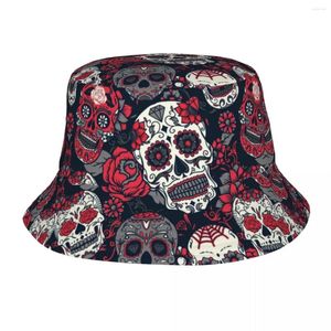 Berets Girl Bucket Hat Sugar Skull Pattern Red Summer Travel Headwear Packable Fishing Fisherman Mexico Hispanic Spanish Bob