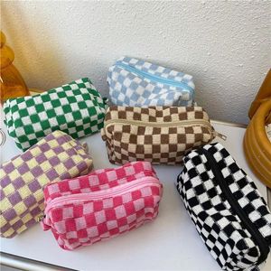 Bolsas de armazenamento retro knit xadrez de viagem portátil Bolsa de cosméticos Mulheres organizador de maquiagem Papelary Case Lápis Caixa de caneta Caixa de caneta Estudante