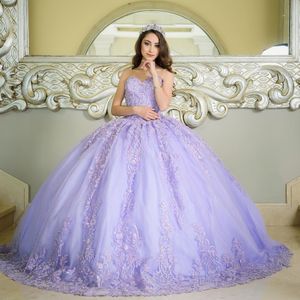 Leylak kapalı omuz quinceanera elbise balo elbise çiçek aplike prenses elbise dantel boncuklar Tull tatlı 15 yaşındaki parti elbise