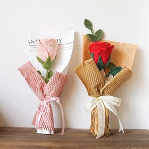 Decorative Flowers Handmade Crocheted Wine Glass Rose Single Bouquet Finished Quiet Exquisite Packaging Red Pink Gift Holiday