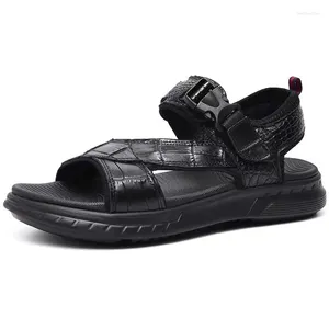 Authentic 591 Sandals Real Alligator Leather Classic Black Men's Casual Hook & Loop Genuine Exotic Crocodile Skin Male Summer Flats