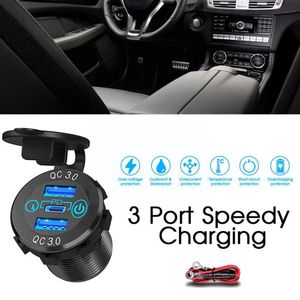 12V/24V Triple alluminio Metal 60W USB-C Multiple Car Wake QC3.0 con porte PD3.0 Adattatore Caricatore Adapter Car Due Switch Fast M9W2