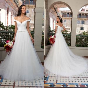 Kitty Chen 2024 Wedding Dresses Off Shoulder Satin Tulle A Line Bridal Gowns Button Back Sweep Train Wedding Dress