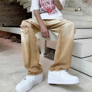 Men's Jeans Jeans Men Hole Khaki Design Cargo Trousers Fashion Ins High Street Retro Washed Handsome Cool BF Hip Hop Stylish Baggy L49