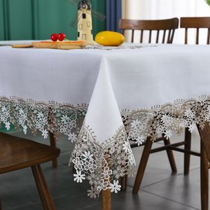 Luxury Lace Embroidery Table Cloth Decorative White Linen Tablecloth Cafe Table Cover Lace Embroidered Table Decor Cloth