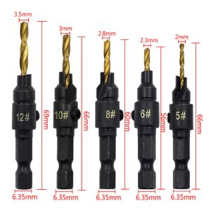 5PCS CountersInk Drill Bit Set Reamer Woodworking Chamfer Drill CounterBore Pliot Hole Cutter Screke Hole Drill Woodworking Tools