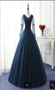 navy blue ball gown prom dresses long sleeve beaded appliques formal prom dress modest pearls princess prom gowns 7686496