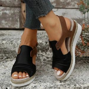 S Sandalen Frauen Keilabsatz Leder Wickel die Innenseite leer mit großer Hangschuhe Schnalle Gurt Beach Peep Zehenschuhe Sandale intrigant Slipper Dre Schuh