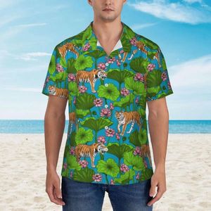 Men's Casual Shirts Tiger Print Vacation Shirt The Pink Lotus Hawaiian Man Loose Blouses Short Sleeves Streetwear Graphic Tops