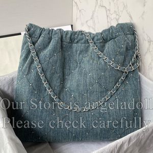 12A Mirror Quality Designer denim quiltad tygpåse Small Medium Rivet Shopping Bag Womens Luxury Handväskor Blue Purse Crossbody Composite Shoulder Silver Chain Bag