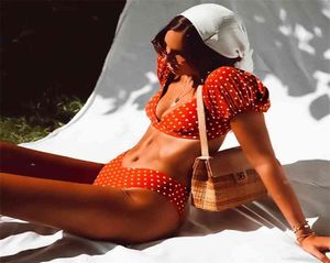 Seksowna retro biała kropka push un bikini set Krótki puff rękawy strój kąpielowy Kobiety stroje kąpielowe na plażę noszenie kąpieli kąpiel 2107288102947