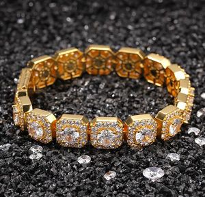 Mens Iced Diamond Square Bracelet 12MM 14K Gold Plated Bling Bracelets with Locked Clasp Zircon Hip Hop Jewelry