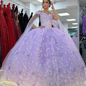 Lavender Shiny Off Shoulder Quinceanera Dresses Lace Bow Beads Tull With Cape Corset Prom Party Gown 16 Vestidos De XV Anos