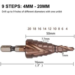 M35 5% Cobalt HSS Step Drill Bit för Metal HSS CO 4-20mm Hex Shank Stepped Drill Bits Cone Borrverktygshål Såg Milling Cutter