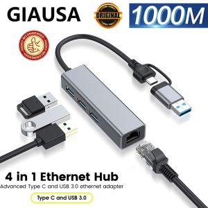 Hubs Giausa USB C Ethernet Adapter 1000Mbps nätverkskort USB3.0 HUB RJ45 LAN för bärbar dator PC Lenovo Xiaomi Mi Box MacBook USBC Hub