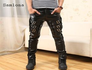 Мужчины PU Sequined Buttons Punk Style мужской сексуальные плиссированные брюки Черная искусственная кожа Нью -Йорк Мужская одежда 20212233577