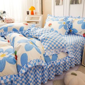 Ins Blue Flower Bedding Set Beautiful Bed Skirt Soft Home Textile Twin Queen Size Polyester Quilt Cover Pillowcases Duvet Cover