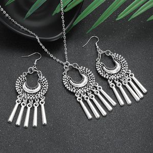 Ethnic Geometric Silver Color Indian Jewelry Set for Women Vintage Tassel Statement Earrings Necklace Sets Boho Jewelry Gifts