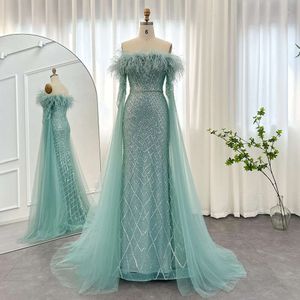 Feather Tassel Evening with Cape Sleeves Elegant Sequined Beads Sweep Train Party Gowns Women Prom Dresses