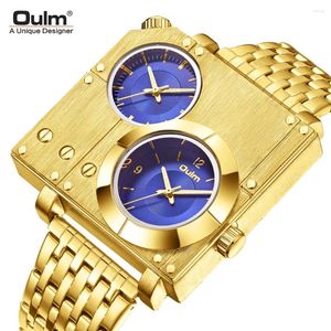 Нарученные часы Fashion Oulm Golden Luxury Top Brand Full Natenainse Steel Big Size Quartz Clock Двух часовых движений военных спортив