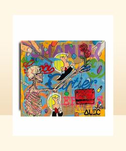 Alec Monopoly Graffiti Handcraft Óleo Pintura a óleo em CanvasquotsKeletons e FlowersQuot Decoração de casa Pintura de arte de parede2432inch N8537258