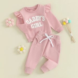 Trousers Cute Baby Girls Tracksuits 2Pcs Fall Spring Kids Children Outfits Ruffle Long Sleeve Letter Embroidery Sweatshirt Pants Clothes