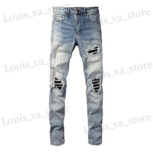 Herren Jeans Herren Lederflecken Denim Jeans Strtwear -Löcher riss hohe Stretchhosen hellblau dünne, sich verjüngende Hose T240411