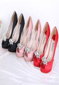 Women039S Pink Black Red Satin Rhinestone Peep Toes Platform Pumpar Lady Wedding Bridesmaid Party Dress High Heels Sandal Shoe F5101141