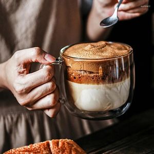 Vinglas 2st dubbelväggiga glas kaffemuggar med handtag isolerat lager stor kopp för te öl cappuccino