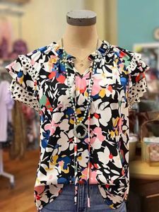 Damenblusen Hemden gemischte florale Print Ruffletoptie Hals Flatterheizen Hemden Blusen 240411