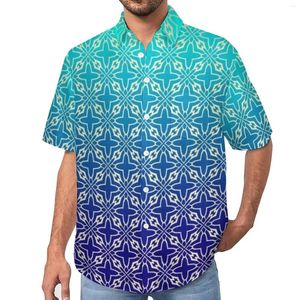 Camisas casuais masculinas Two Tone Blue Camisa solta do homem praia Médio Padrão de telha de ladrilho Hawaiian Manga curta Vintage Bloups Oversize